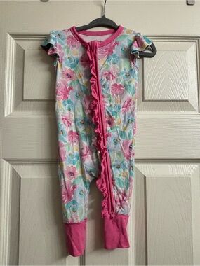 Birdie Bean Pink Bamboo Floral Ruffle-Front Kids One-Piece